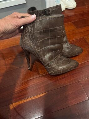 Stuart Weitzman Croc-Embossed Pointed Toe Ankle Booties in Brown
